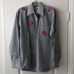 Striped Button-Down Shirt with Red Ladybug Embroidery